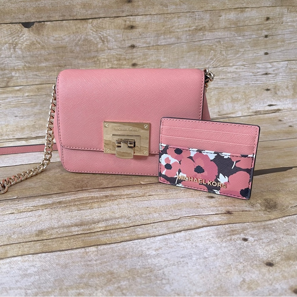 Coral Michael Kors Adjustable Cross body with matching card holder